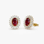 Ruby Diamond Stud Earrings, Baguette Ballerina Earrings, 14K Solid Gold