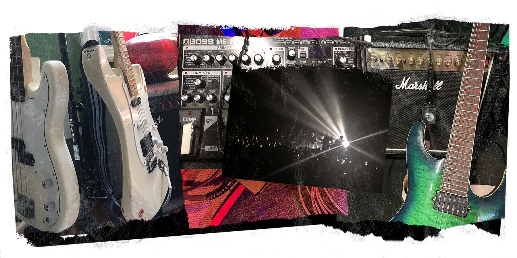 collage of music equipment and instruments