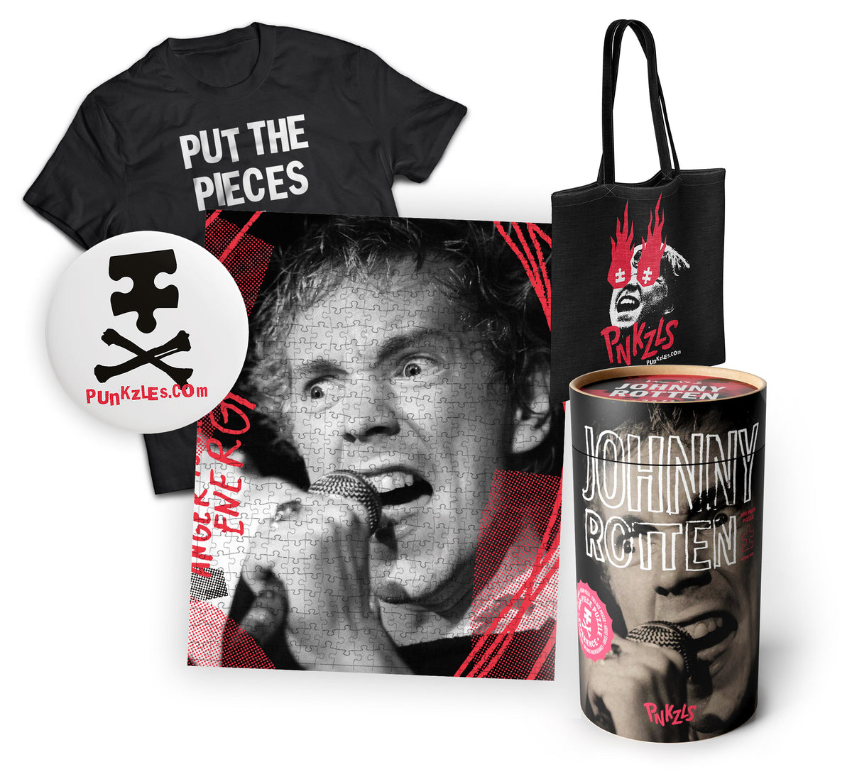 Johnny Rotten 500-Piece Jigsaw Puzzle Experience Bundle with Punkzles Anthem Tee &amp; Seeing Red Tote