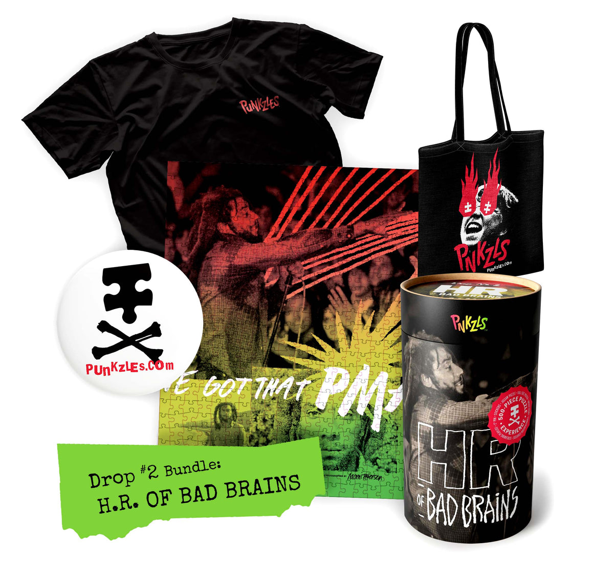 H.R. of Bad Brains 500-Piece Jigsaw Puzzle Experience Bundle with Punkzles Crossbones Tee &amp; Seeing Red Tote