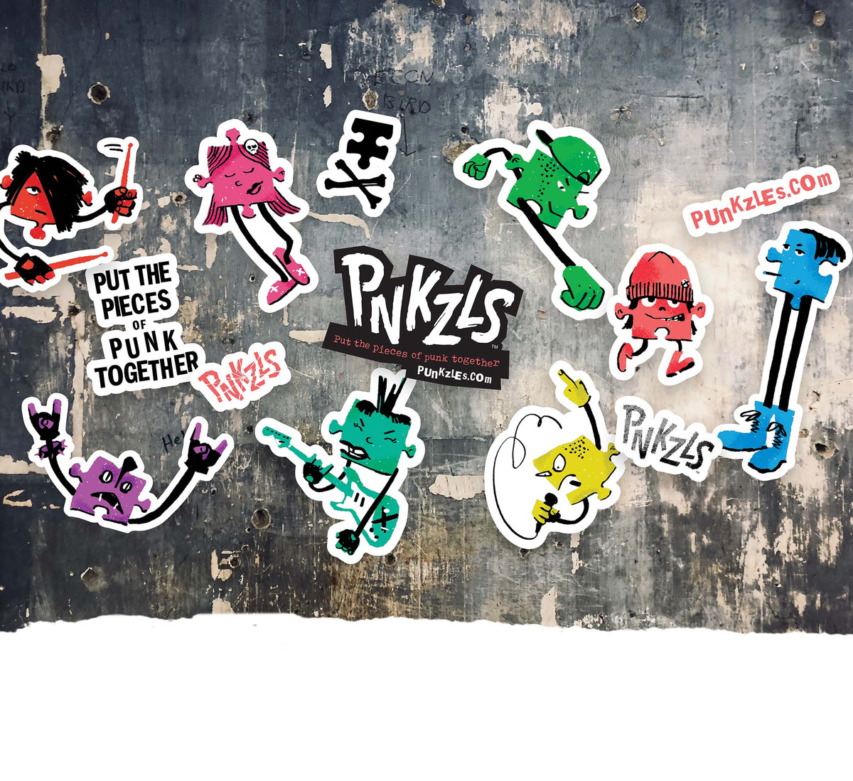 collage of punkzles stickers on a wall