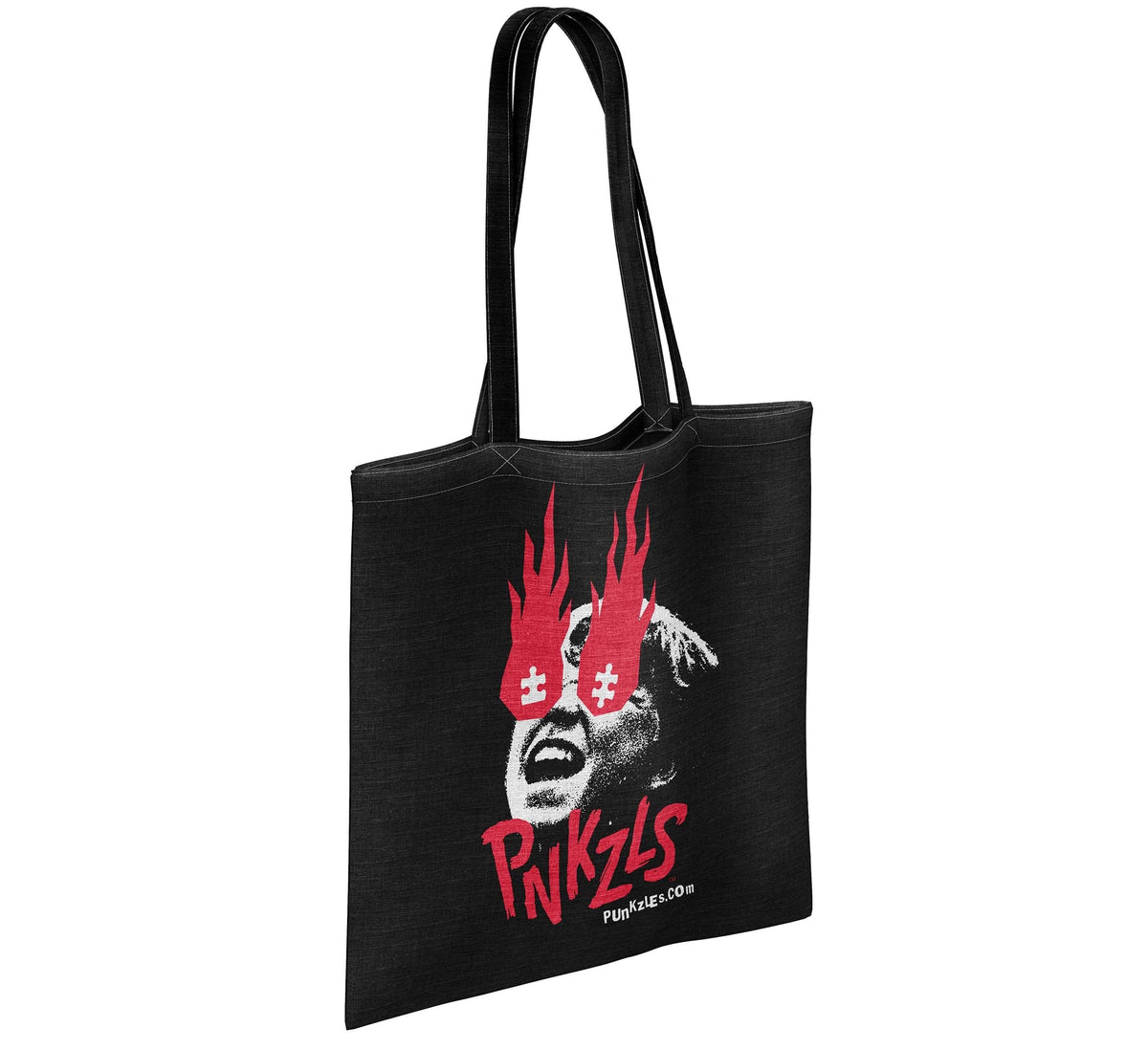 punkzles tote bag with flaming puzzle eyes